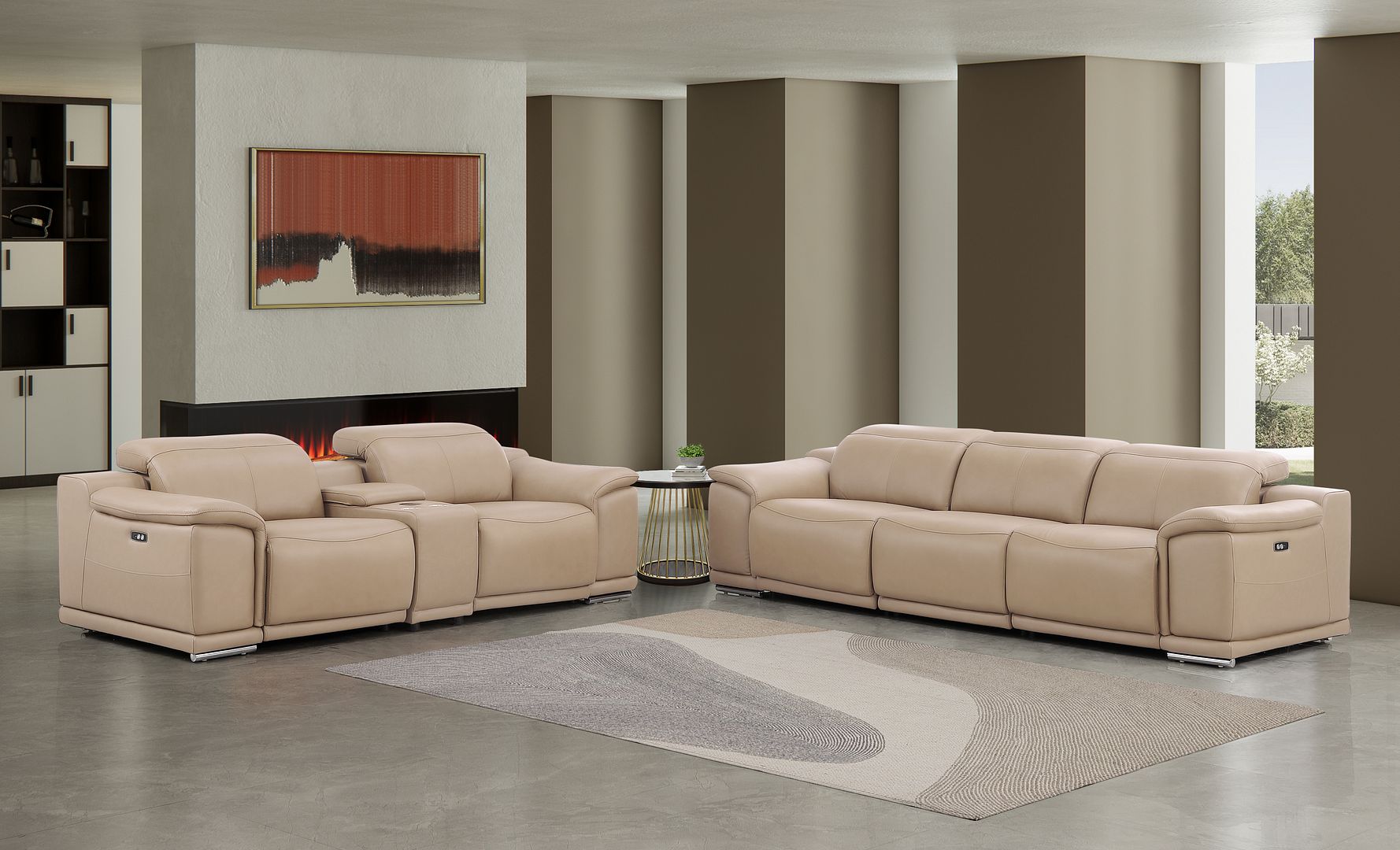 2679 Genuine Leather Reclining Set - Sofa and Loveseat with 5 Power Recliners - Beige