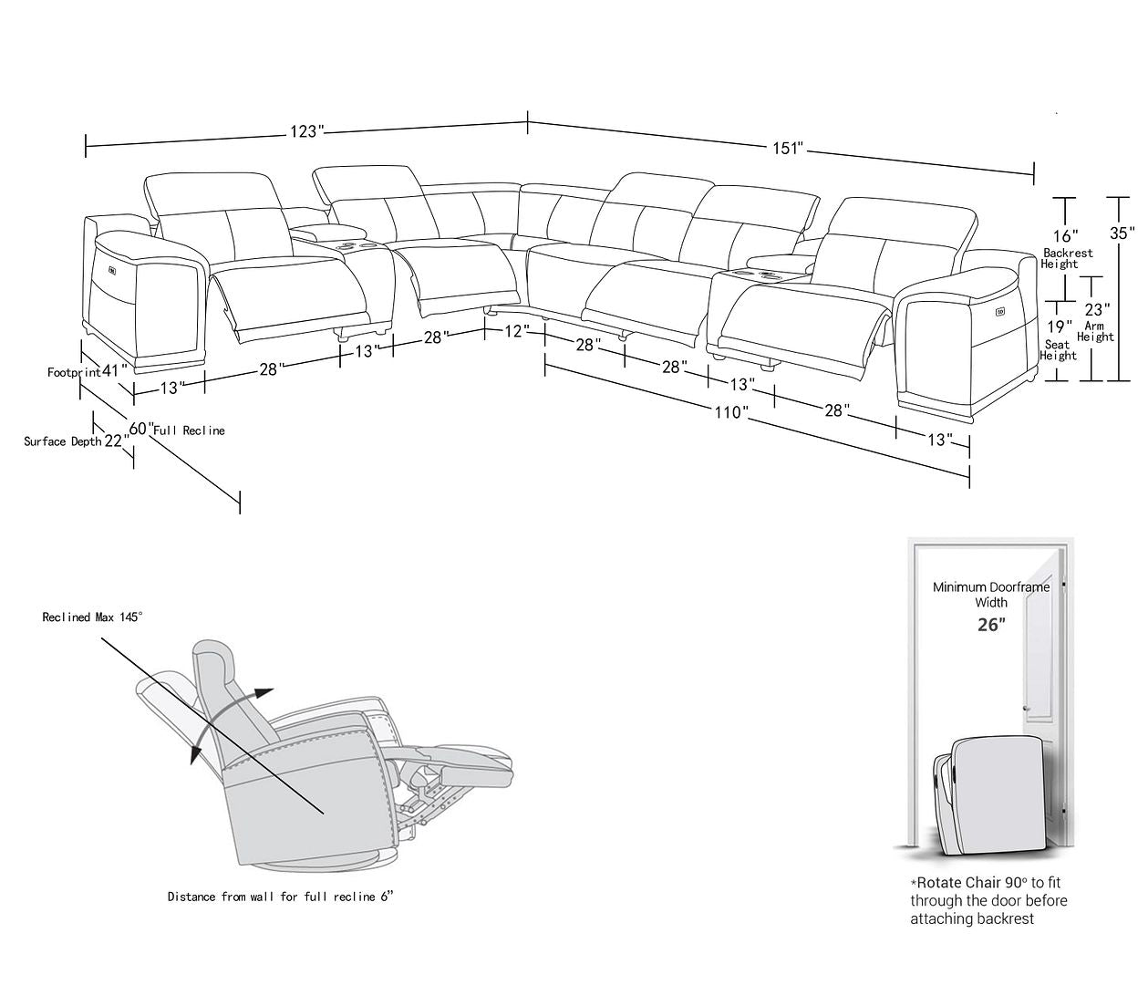 9762 Divanitalia 8-Piece L-Shaped Top Grain Italian Leather Sectional Sofa with 3 Power Recliners