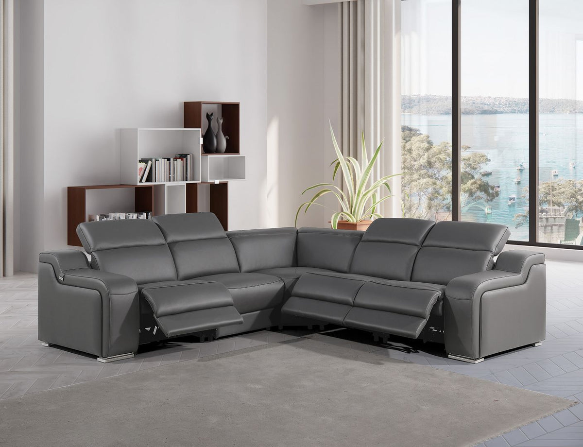 1116 Divanitalia 5-Piece L-Shaped Sectional Sofa in Top Grain Italian Leather with 3 Power Recliners & Power Headrests - Dark Grey - SKU 1116-DK-GREY-5PC-3PWR-SECTIONAL- GROUP