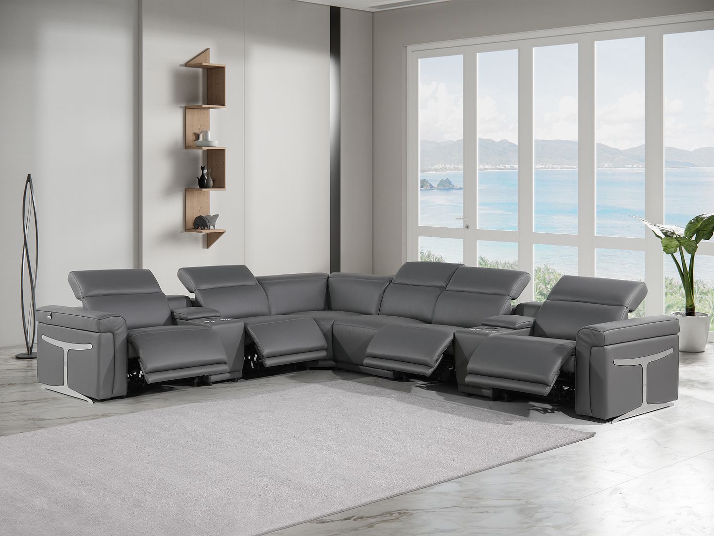 1126 Divanitalia 8-Piece L-Shaped Sectional Sofa in Top Grain Italian Leather with 4 Power Recliners & Power Headrests - Dark Grey