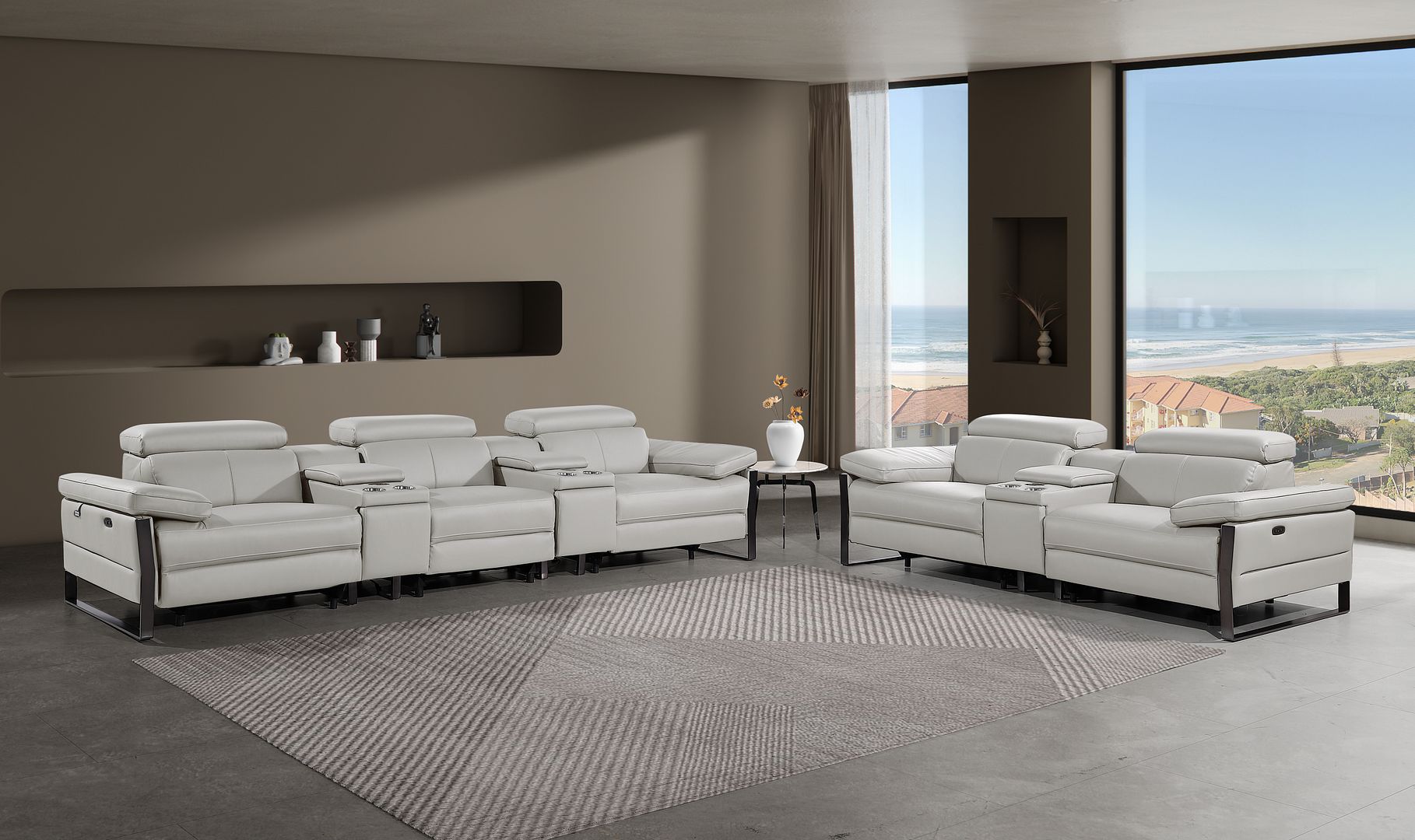 1246 Divanitalia Modular Power Reclining Dual Console Sofa and Console Loveseat Set with Power Headrests - Top Grain Italian Leather - Light Grey