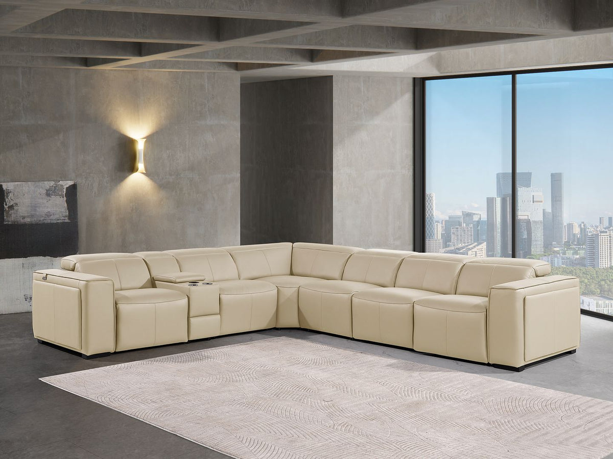 1224 Divanitalia 7-Piece L-Shaped Sectional Sofa in Top Grain Italian Leather with 3 Power Recliners & Power Headrests - Beige - SKU 1224-BEIGE-7PC-3PWR-SECTIONAL