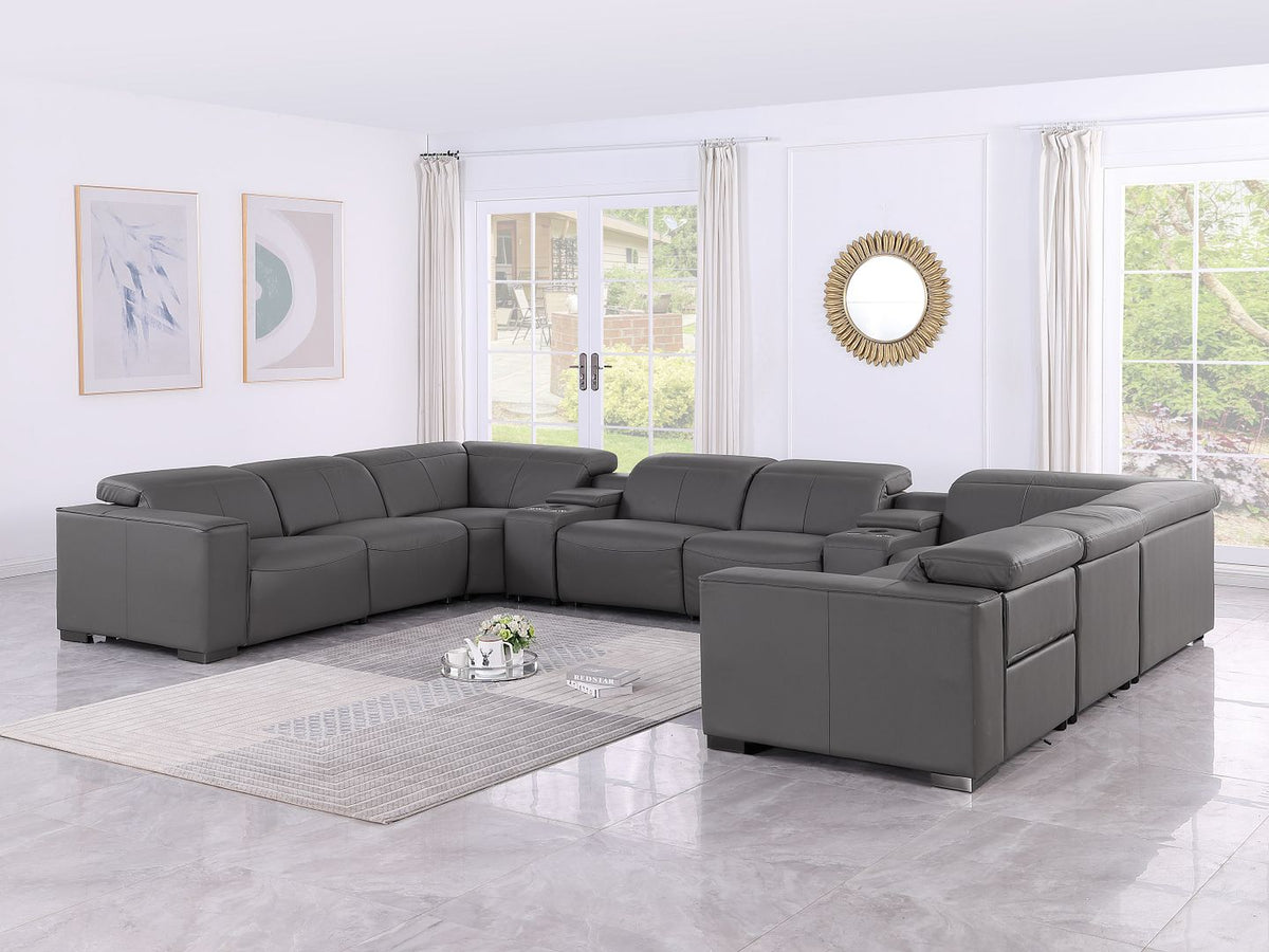 1208 10 Piece U-Shaped Leather Sectional Sofa with 4 Power Recliners & Power Headrest - Dark Grey - SKU 1208-DK-GREY-10PC-4PWR-U-SECTIONAL-GROUP