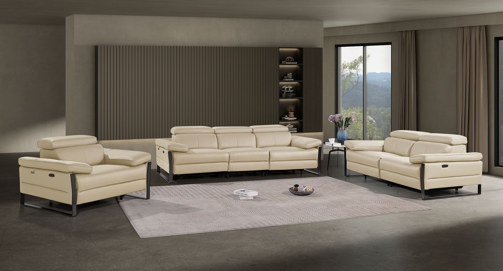 1246 Divanitalia Modular Power Dual Reclining Sofa, Loveseat, and Chair Set with Power Headrests - Top Grain Italian Leather - Beige - SKU 1246-BEIGE-6.5-HT-3PC