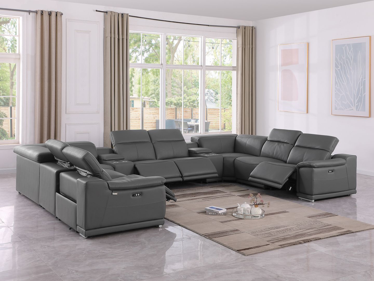 9762 Divanitalia 10-Piece U-Shaped Top Grain Italian Leather Sectional Sofa with 4 Power Recliners