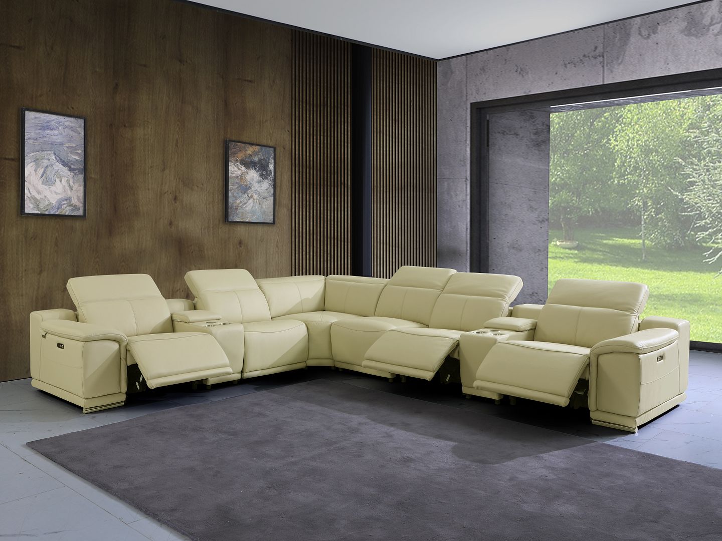 9762 Divanitalia 8-Piece L-Shaped Top Grain Italian Leather Sectional Sofa with 3 Power Recliners - Beige