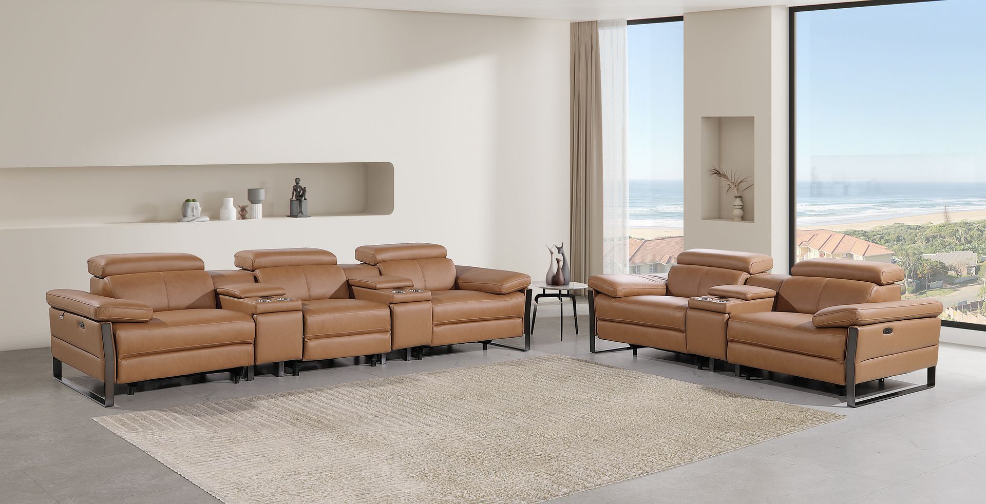 1246 Divanitalia Modular Power Reclining Dual Console Sofa and Console Loveseat Set with Power Headrests - Top Grain Italian Leather - Cognac