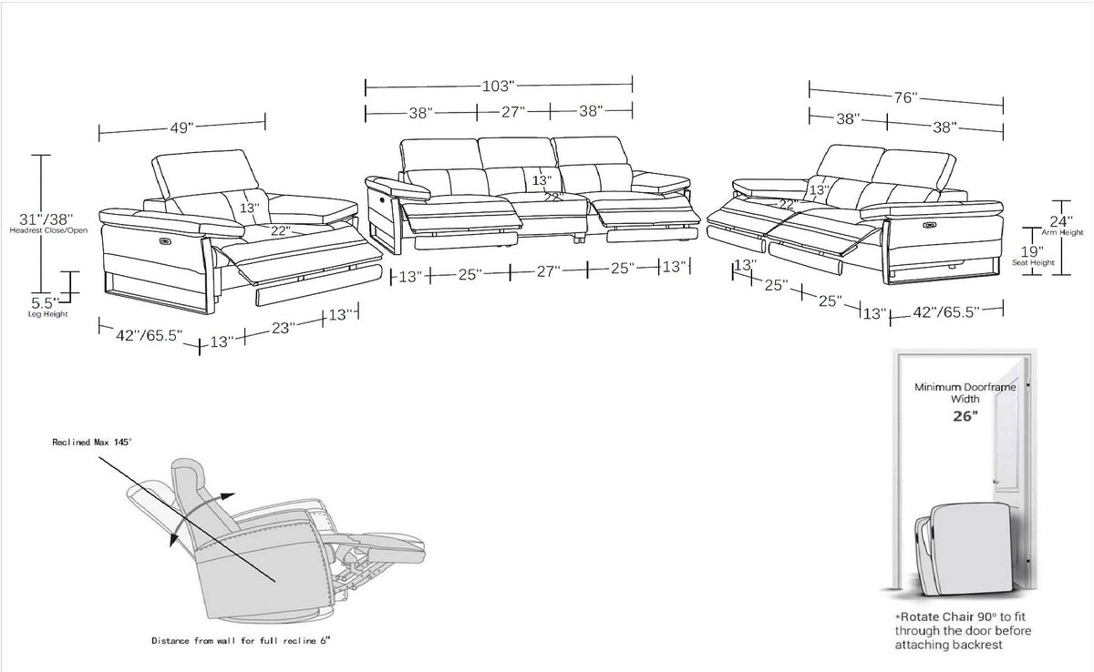 1246 Divanitalia Modular Power Dual Reclining Sofa, Loveseat, and Chair Set with Power Headrests - Top Grain Italian Leather - Light Grey - SKU 1246-LT-GREY-6.5-HT-3PC - view 13