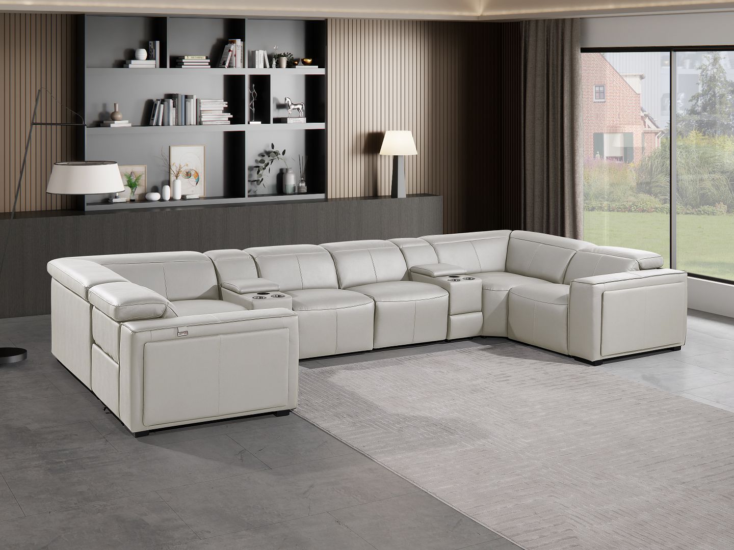 1224 Divanitalia 8-Piece U-Shaped Sectional Sofa in Top Grain Italian Leather with 4 Power Recliners & Power Headrests - Light Grey