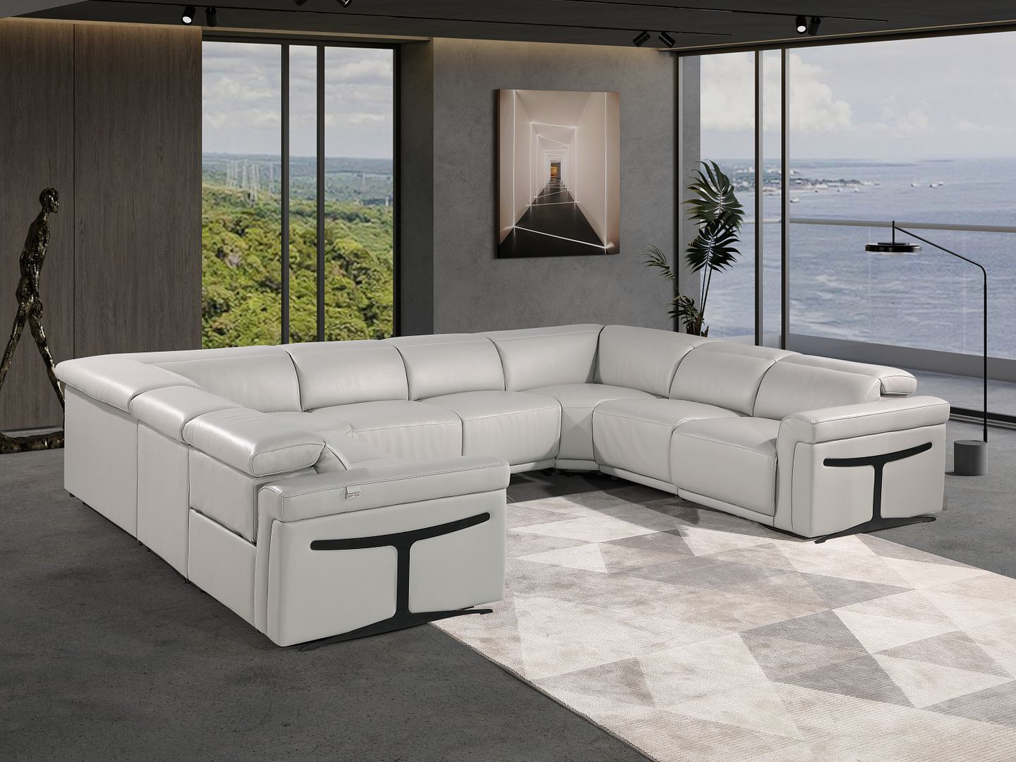 1126 Divanitalia 8-Piece U-Shaped Sectional Sofa in Top Grain Italian Leather with 4 Power Recliners & Power Headrests - Light Grey