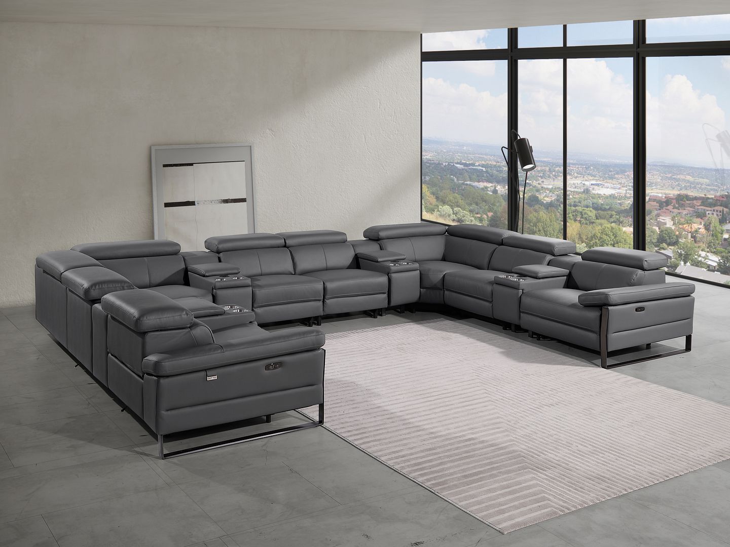 1246 Divanitalia 12-Piece U-Shaped Modular Power Reclining Sectional Sofa with 4 Power Recliners and Power Headrests - Top Grain Italian Leather - Dark Grey