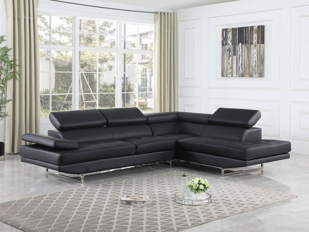 8136 Right Arm Facing Chaise with Adjustable Headrest in Genuine Leather - Black