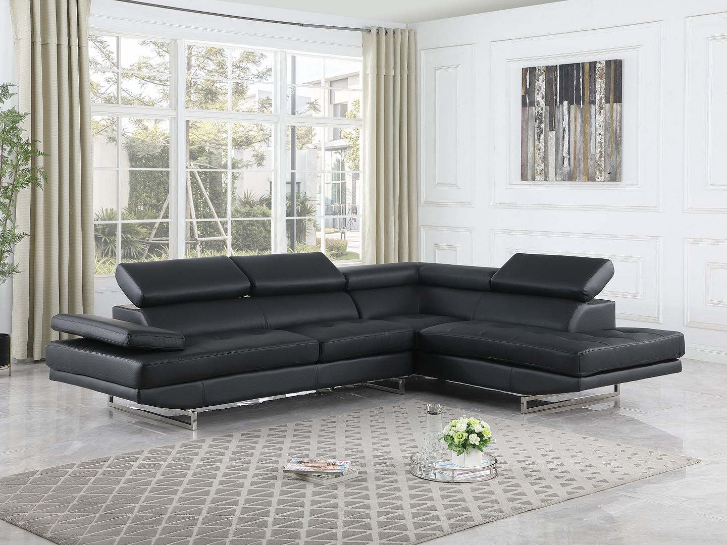 8136 Right Arm Facing Chaise with Adjustable Headrest in Genuine Leather - Black