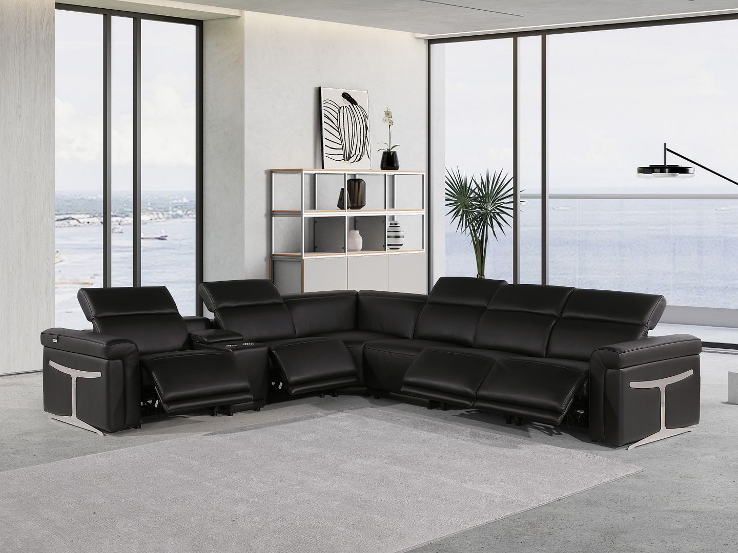 1126 Divanitalia 7-Piece L-Shaped Sectional Sofa in Top Grain Italian Leather with 4 Power Recliners & Power Headrests - Black