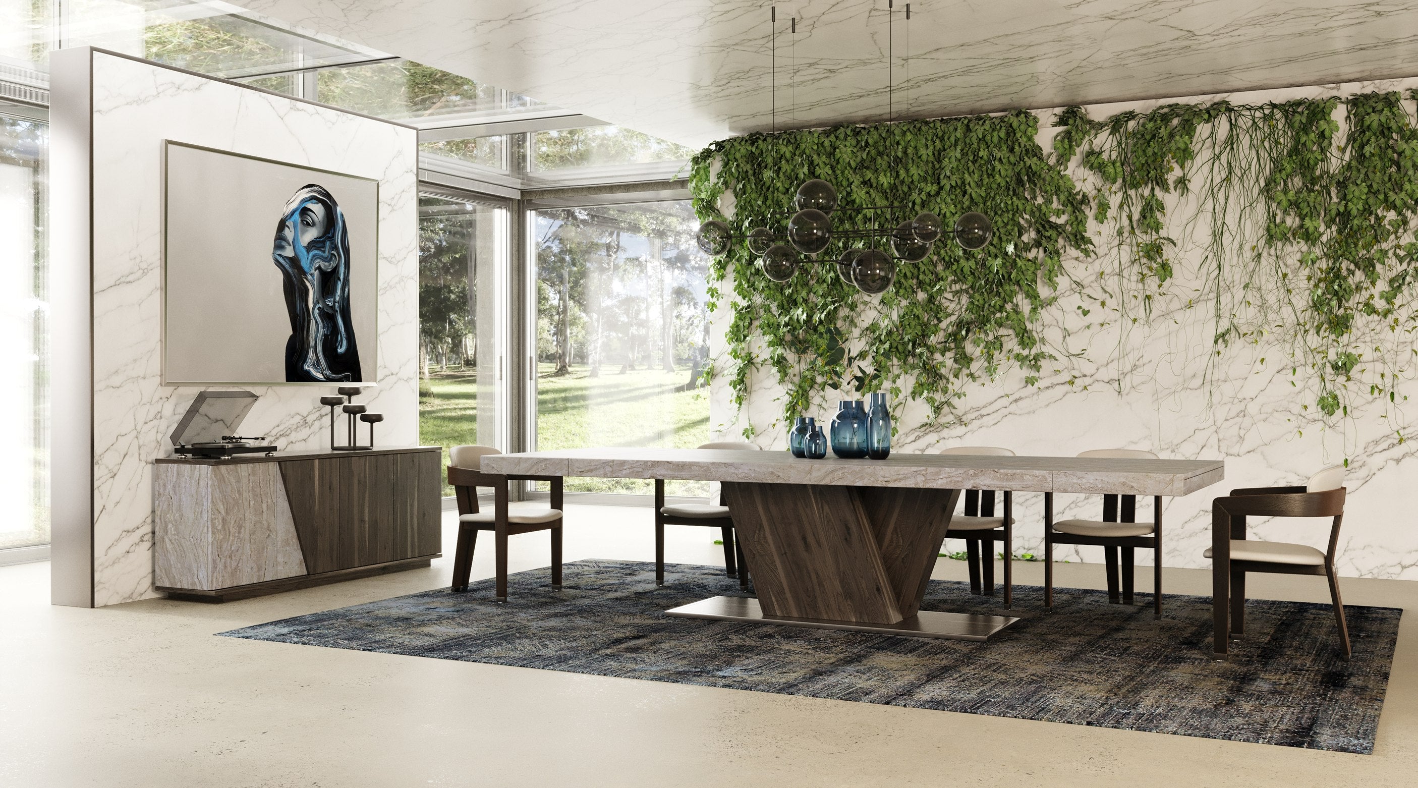 Cairo - Italian Modern Faux Marble & Pecan Elm Extendable Dining Table