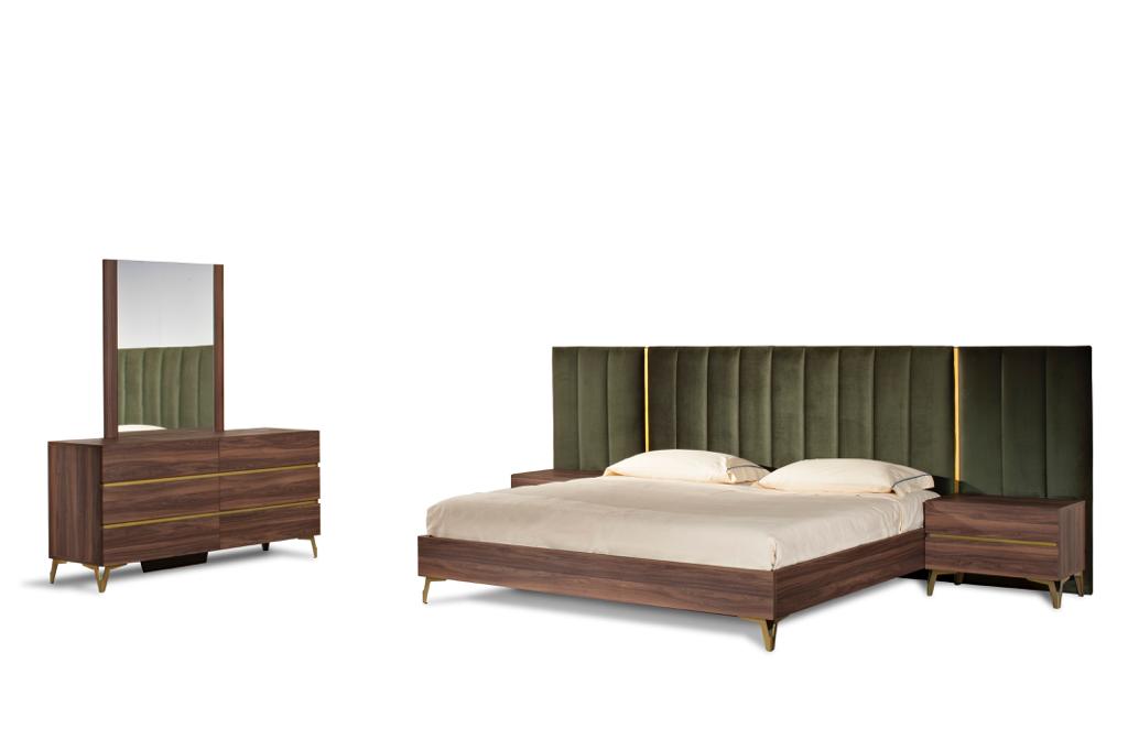 Eastern King Calabria Modern Walnut & Green Velvet Bedroom Set