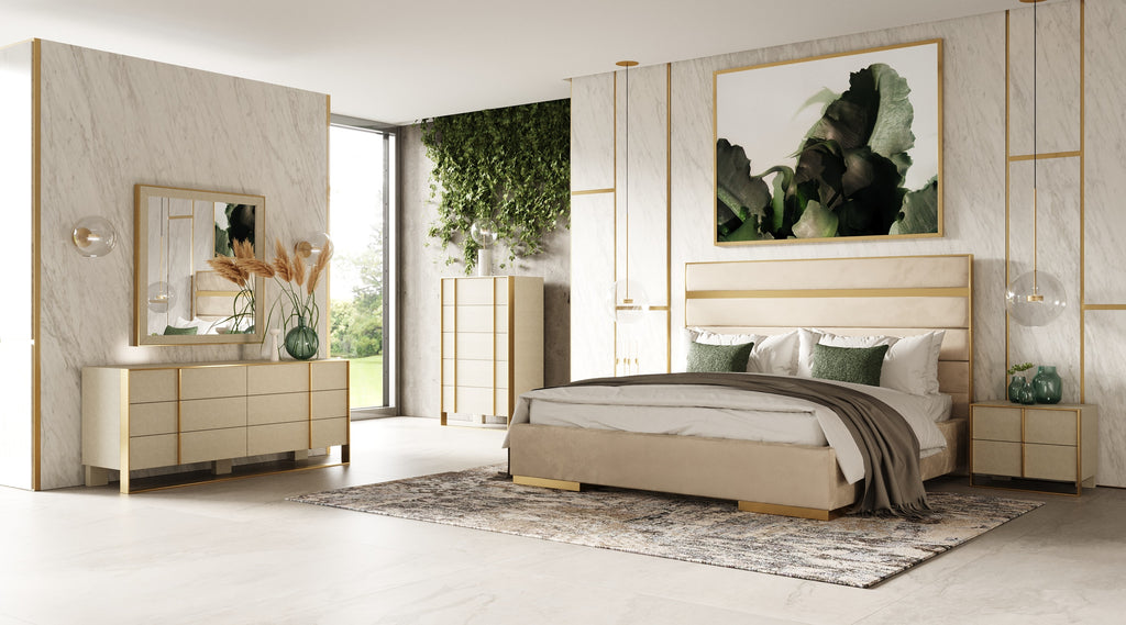 Cartier - Modern Beige Velvet & Brushed Brass Bed - Modern Beige Velvet & Brushed Brass Bed