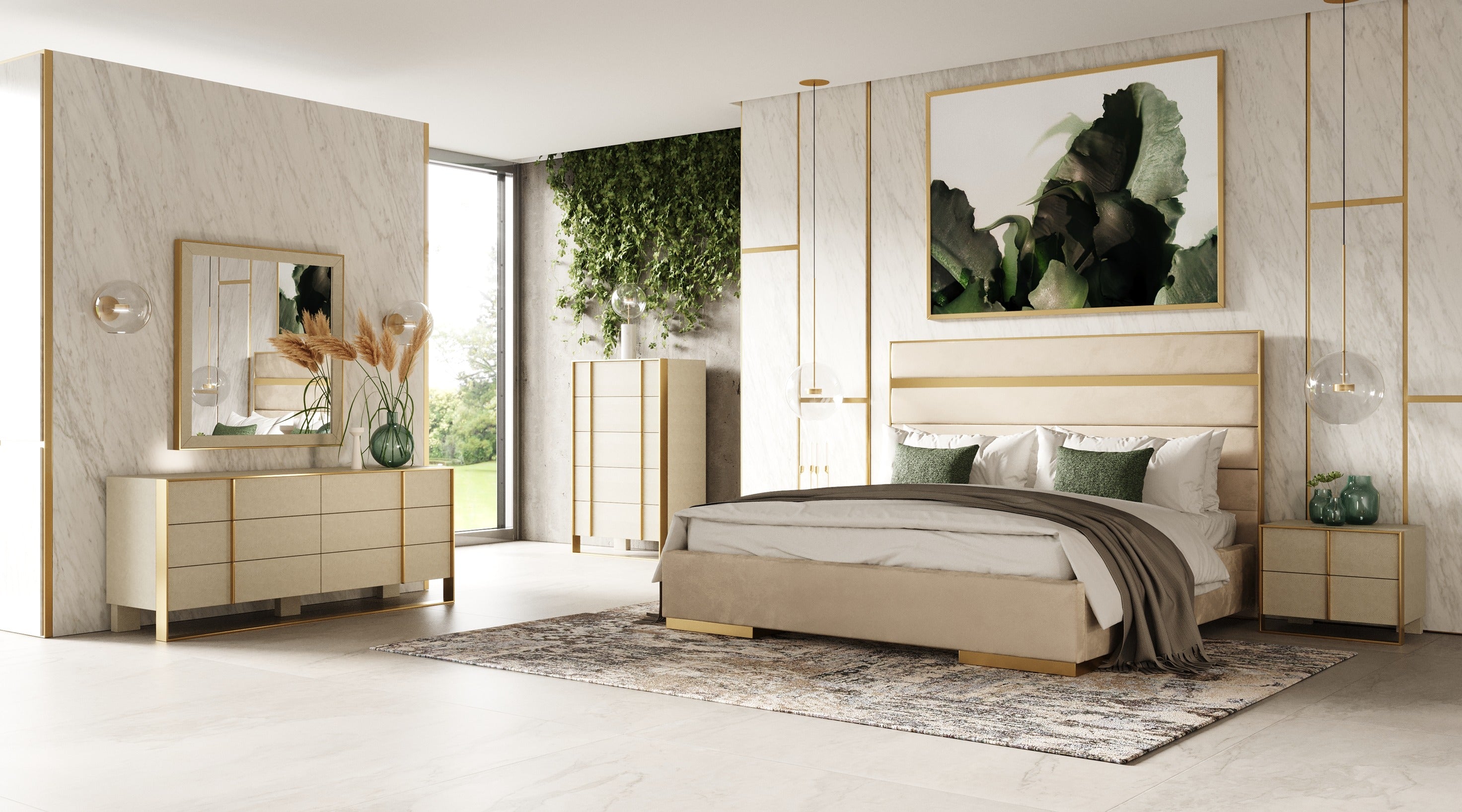 Cartier - Modern Beige Velvet & Brushed Brass Bed - Modern Beige Velvet & Brushed Brass Bed
