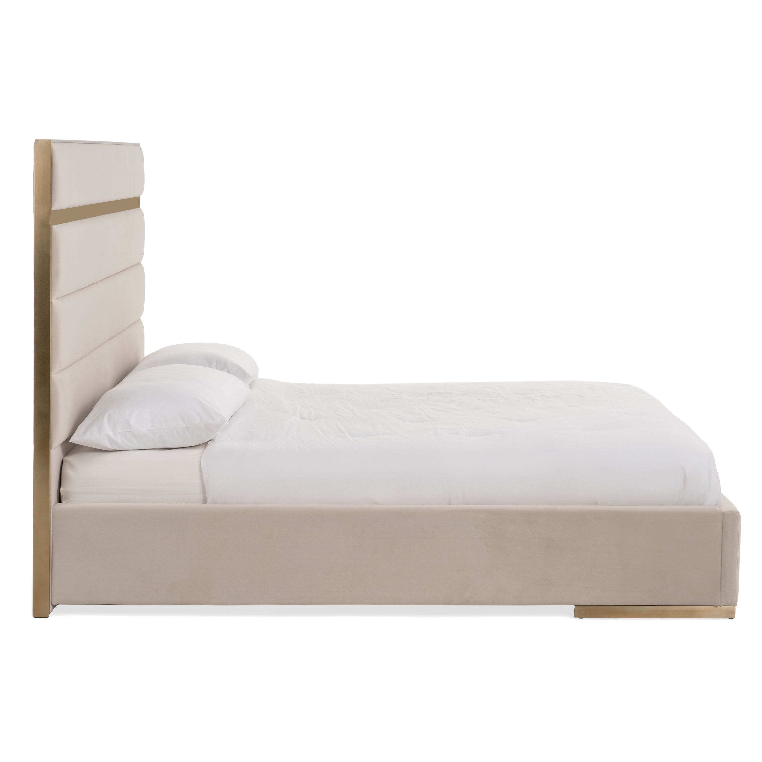 Cartier - Modern Beige Velvet & Brushed Brass Bed - Modern Beige Velvet & Brushed Brass Bed