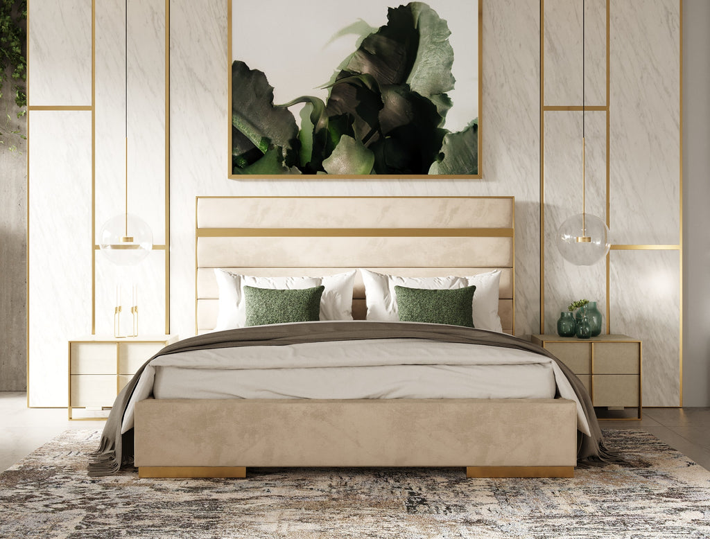 Queen Cartier - Modern Beige Velvet + Brushed Brass 4-Piece Bedroom Set - Modern Beige Velvet + Brushed Brass 4 - Piece Bedroom Set