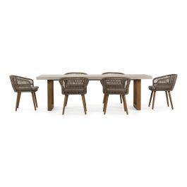 Cascais - Outdoor Grey + Faux Travertine + Eucalyptus Dining Table Set