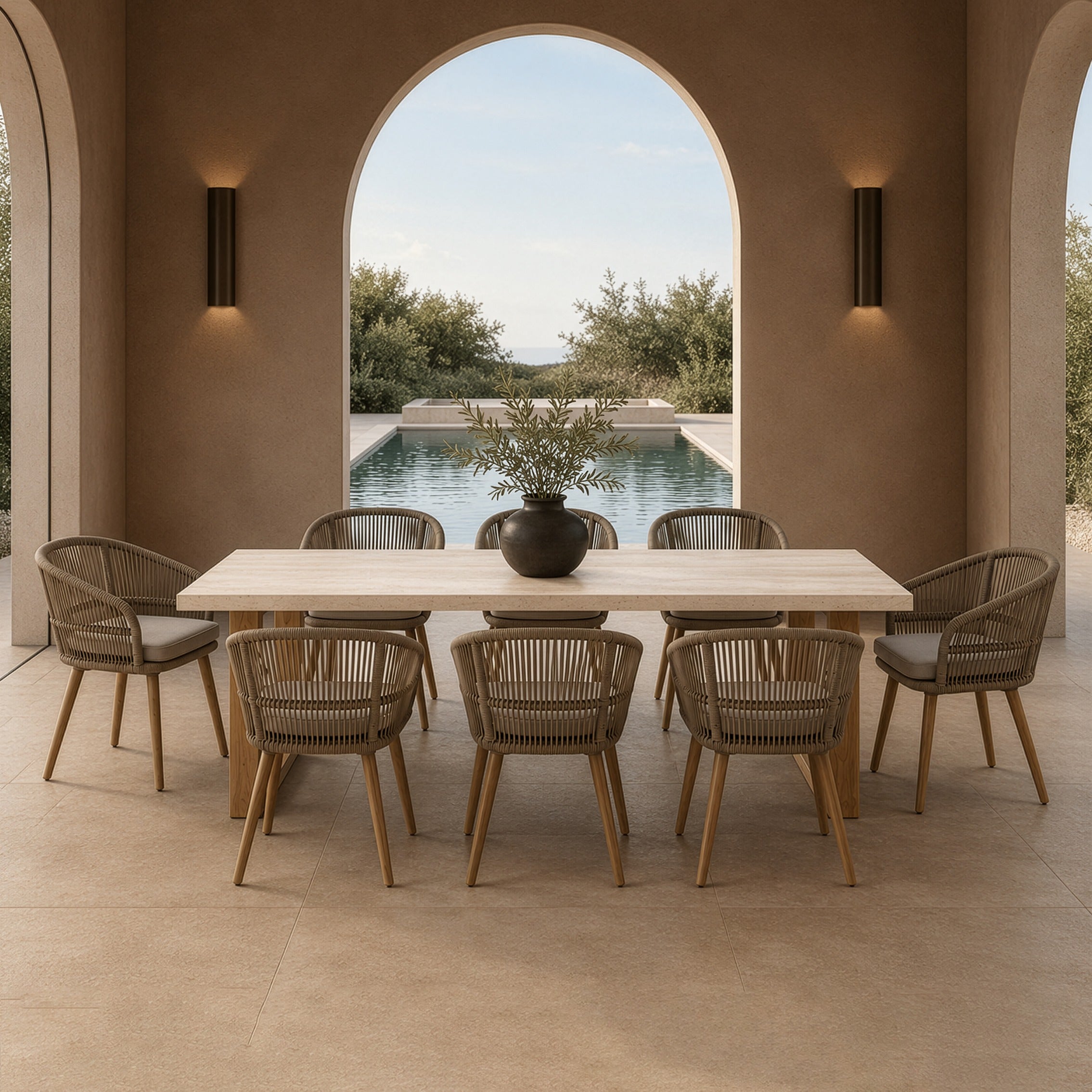Cascais - Outdoor Grey + Faux Travertine + Eucalyptus Dining Table