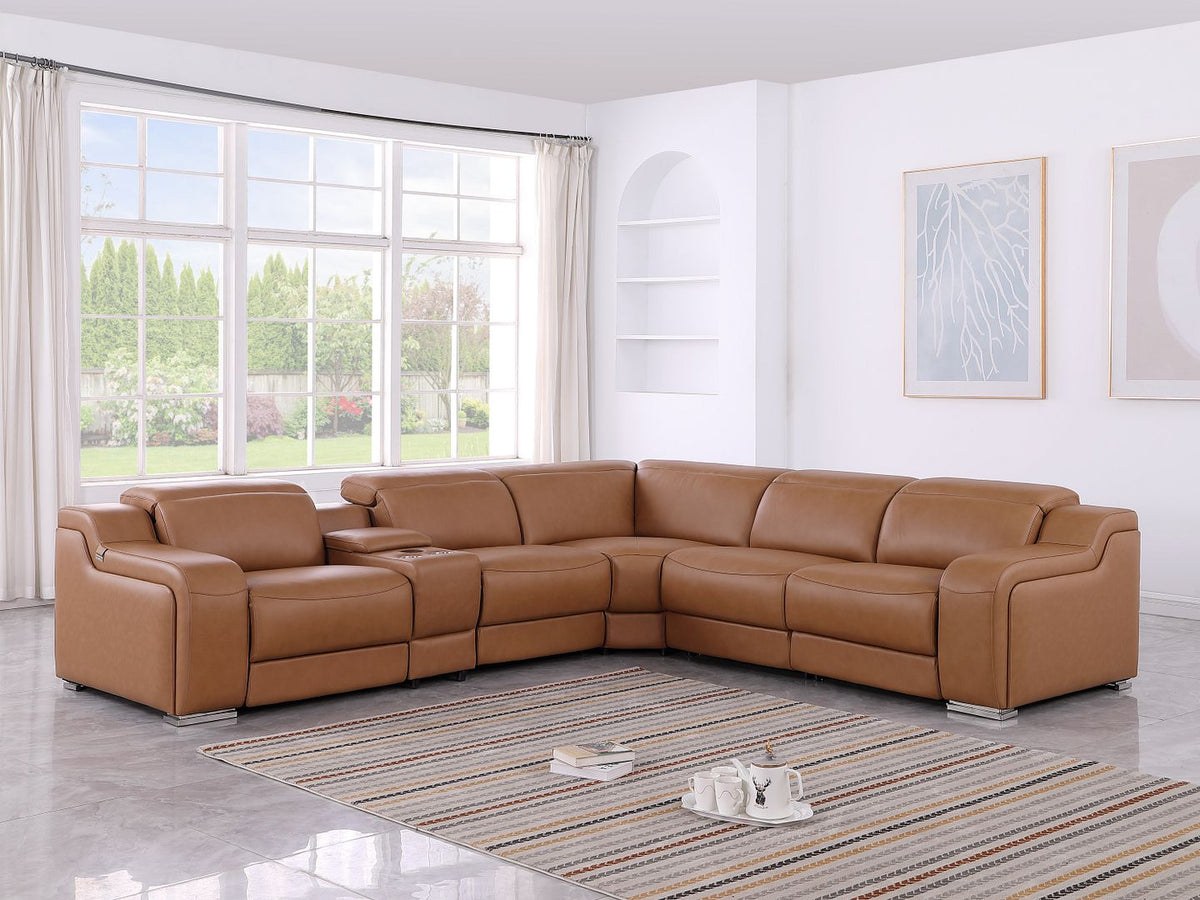 1116 Divanitalia 6-Piece L-Shaped Sectional Sofa in Top Grain Italian Leather with 3 Power Recliners & Power Headrests - Cognac - SKU 1116-COGNAC-6PC-3PWR-SECTIONAL- GROUP