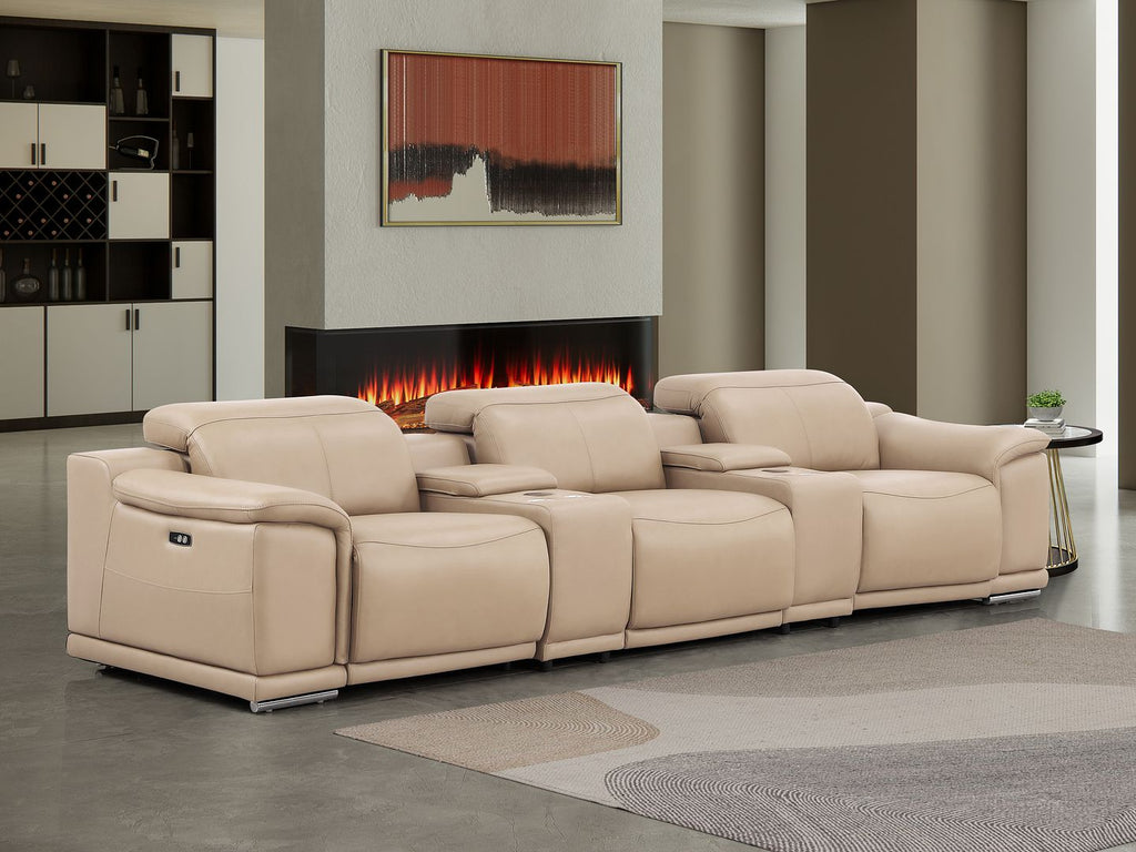 2679 Genuine Leather Sofa with 3 Power Recliners & Dual Storage Consoles - Beige
