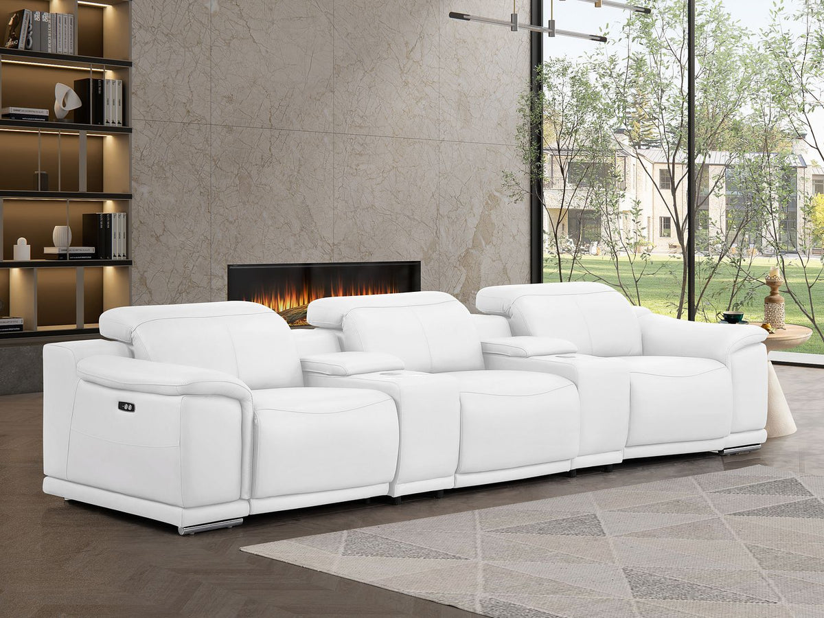 2679 Genuine Leather Sofa with 3 Power Recliners & Dual Storage Consoles - White - SKU 2679-WHITE-5.3-S-HT