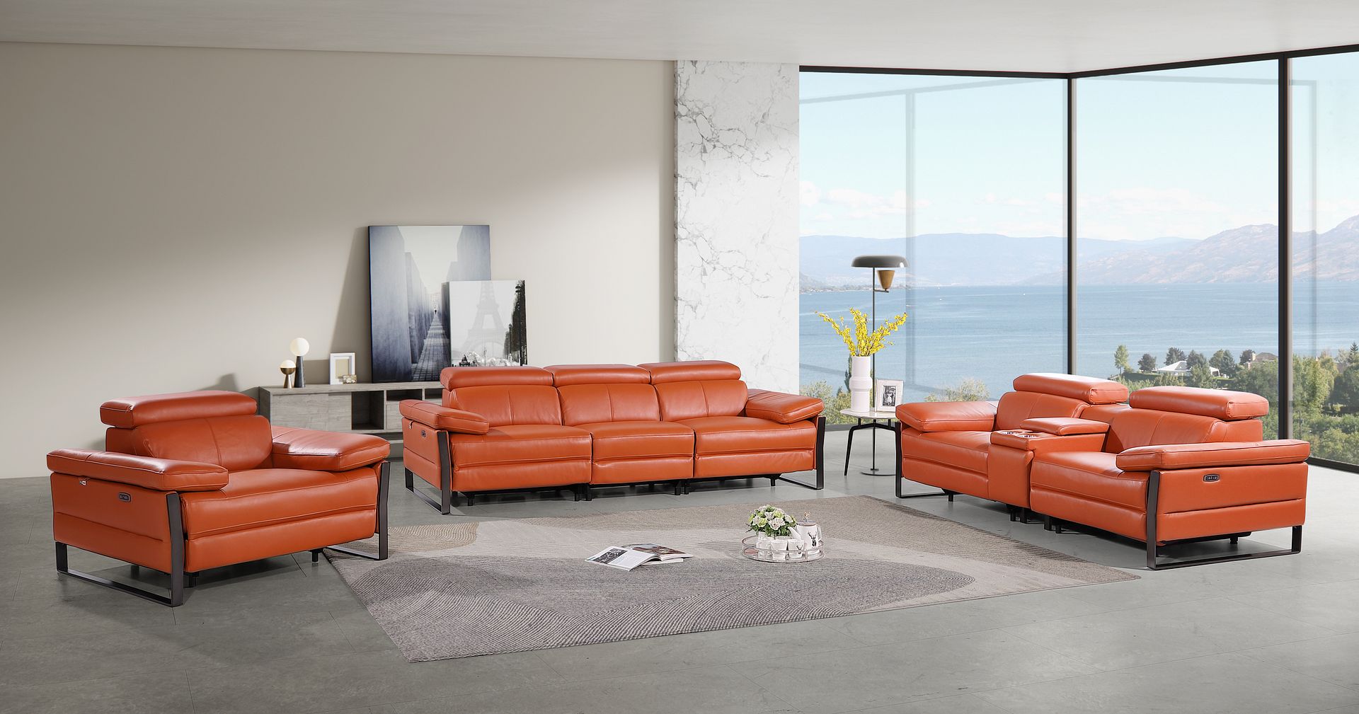 1246 Divanitalia Modular Power Dual Reclining Sofa, Console Loveseat, and Chair Set with Power Headrests - Top Grain Italian Leather - Camel