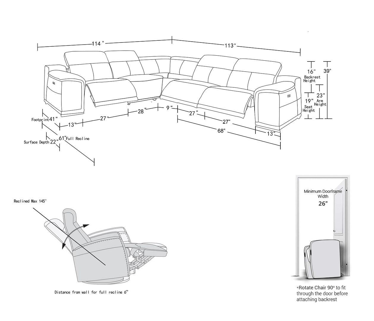 2679 5-Piece L-Shaped Power Reclining Sectional Sofa in Genuine Leather - 3 Recliners