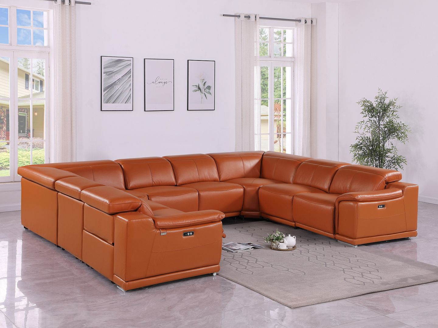 9762 Divanitalia 8-Piece U-Shaped Top Grain Italian Leather Sectional Sofa with 4 Power Recliners - Camel