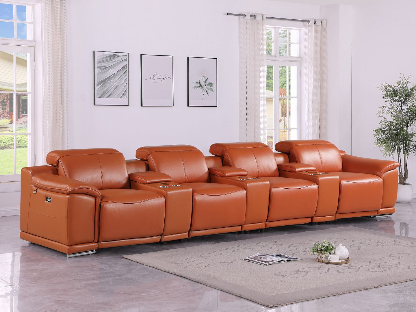 9762 Divanitalia 7-Piece Modular Top Grain Italian Leather Power Reclining Sofa with 4 Power Recliners - Camel