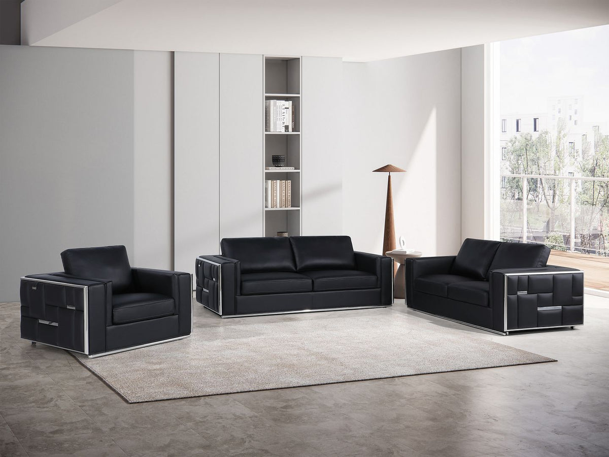 1130 Divanitalia 3-Piece Sofa Set in Top-grain Italian Leather - Black - SKU 1130-BLACK-3PC