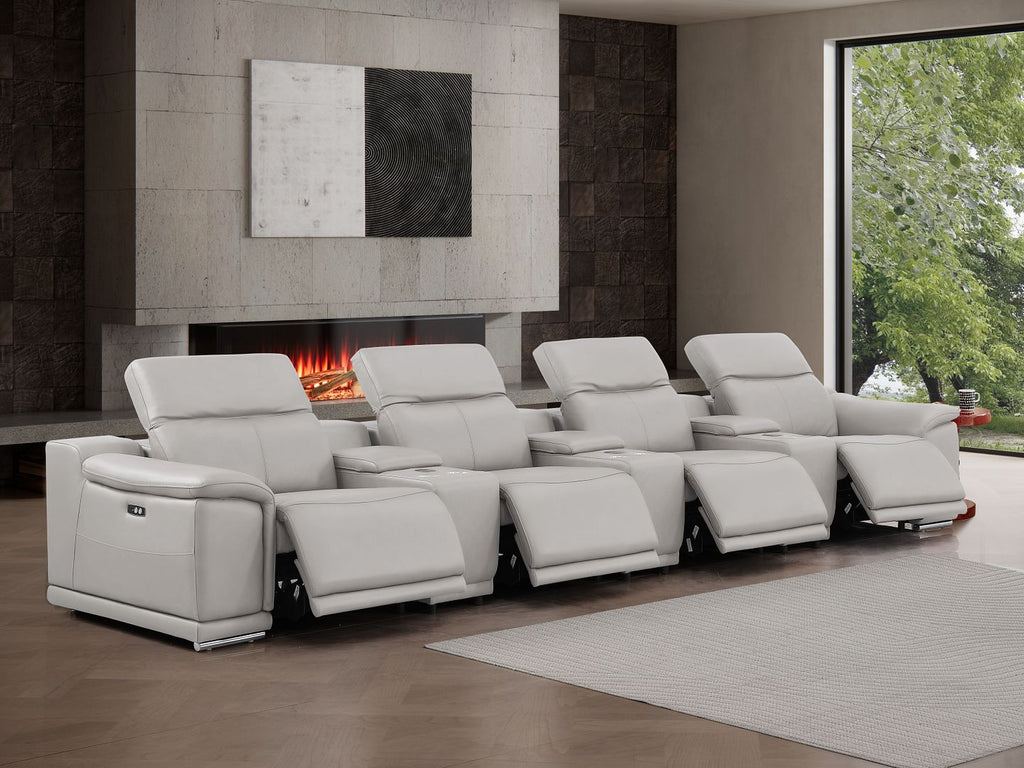 2679 Genuine Leather Sofa with 4 Power Recliners, Power Headrests & 3 Storage Consoles