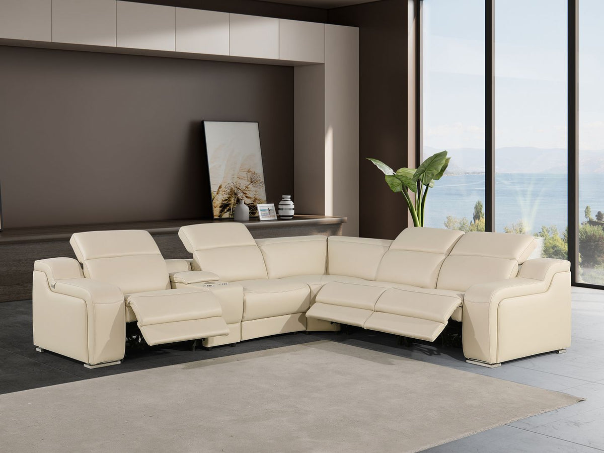1116 Divanitalia 6-Piece L-Shaped Sectional Sofa in Top Grain Italian Leather with 3 Power Recliners & Power Headrests - Beige - SKU 1116-BEIGE-6PC-3PWR-SECTIONAL- GROUP