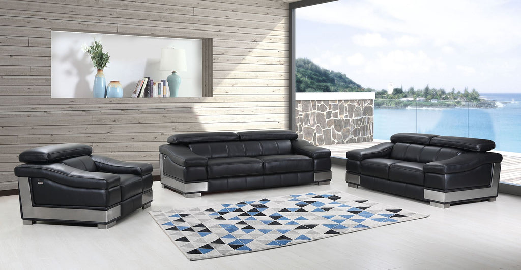 415 Divanitalia 3-Piece Sofa Set with Adjustable Headrest in Top-grain Italian Leather - Black - SKU 415- BLACK 3PC (S/L/CH) - GROUP