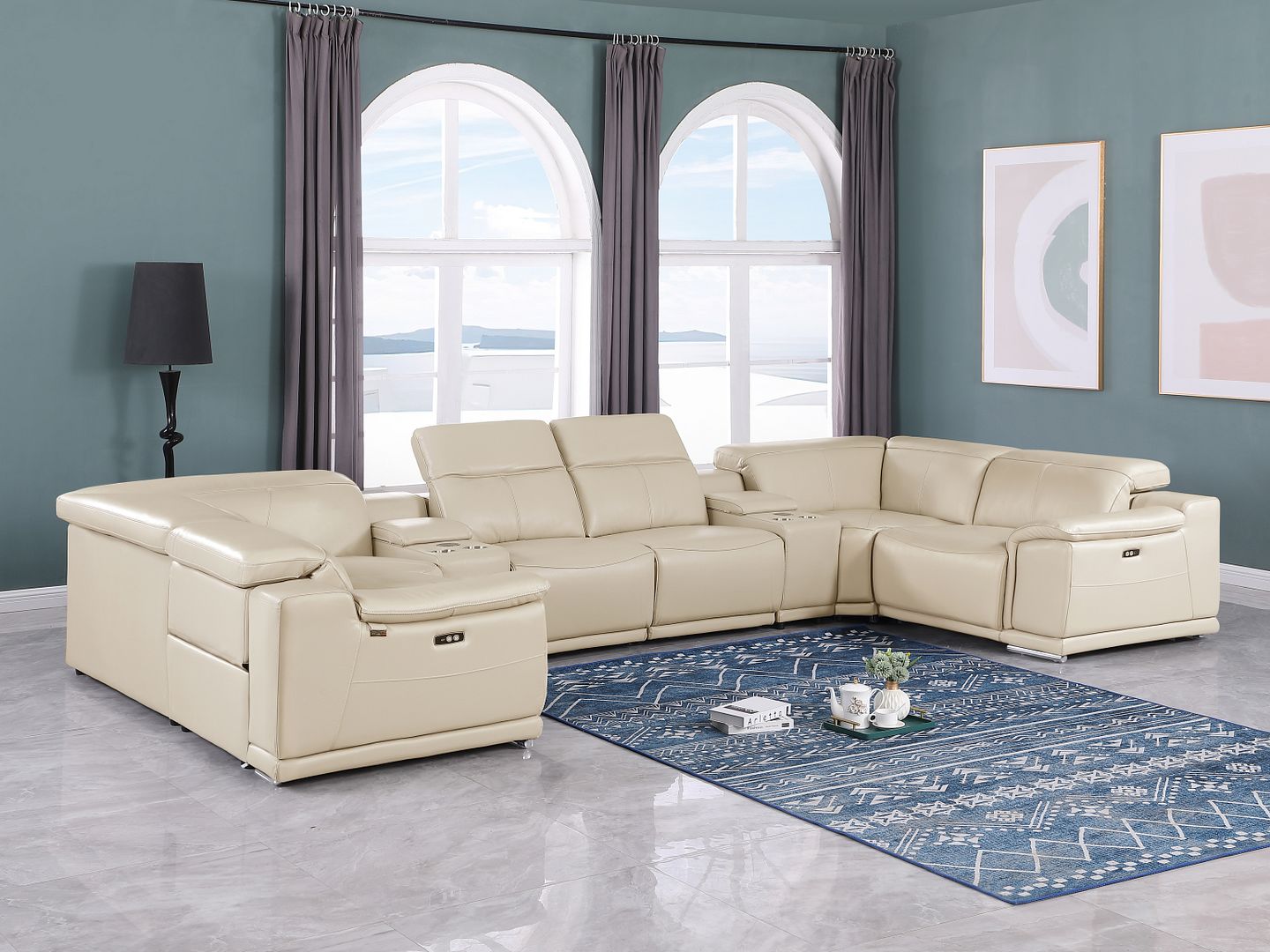 9762 Divanitalia 8-Piece U-Shaped Top Grain Italian Leather Sectional Sofa with 4 Power Recliners - Beige
