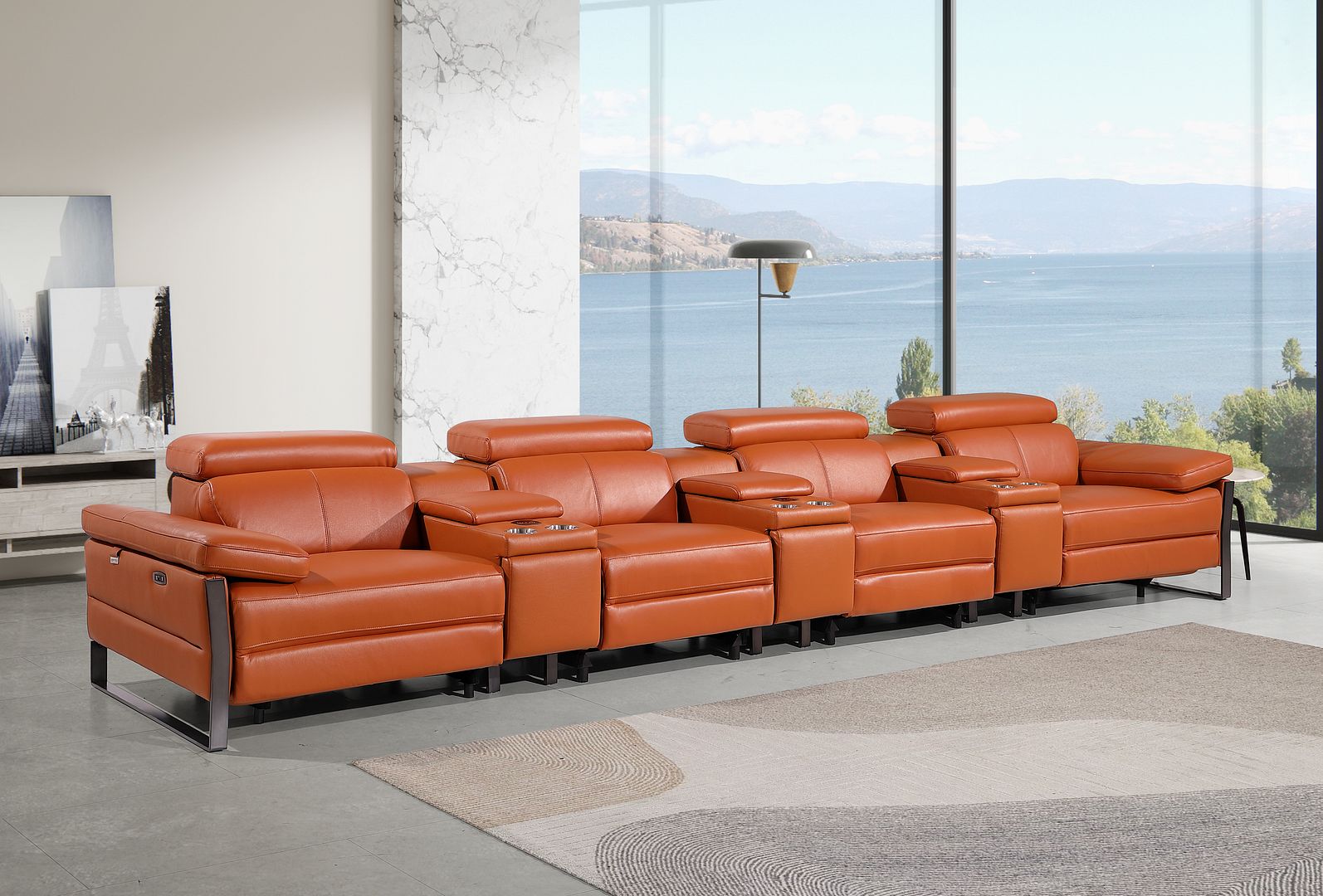 1246 Divanitalia Modular Power Triple Reclining Triple Console Sofa with Power Reclining Headrests - Top Grain Italian Leather - Camel