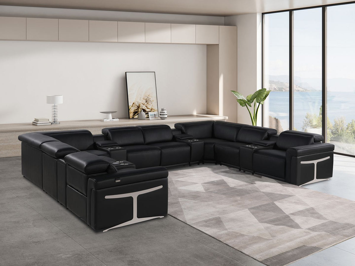 1126 Divanitalia 12-Piece U-Shaped Sectional Sofa in Top Grain Italian Leather with 4 Power Recliners & Power Headrests - Black - SKU 1126-BLACK-12PC-4PWR-U-SECTIONAL-GROUP