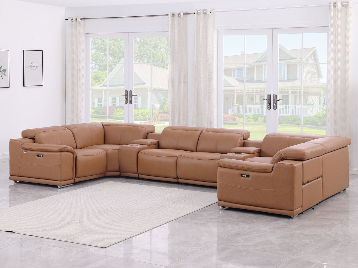 9762 Divanitalia 8-Piece U-Shaped Top Grain Italian Leather Sectional Sofa with 2 Power Recliners - Cognac - SKU 9762-COGNAC-8PC-2PWR-U-SECTIONAL-GROUP