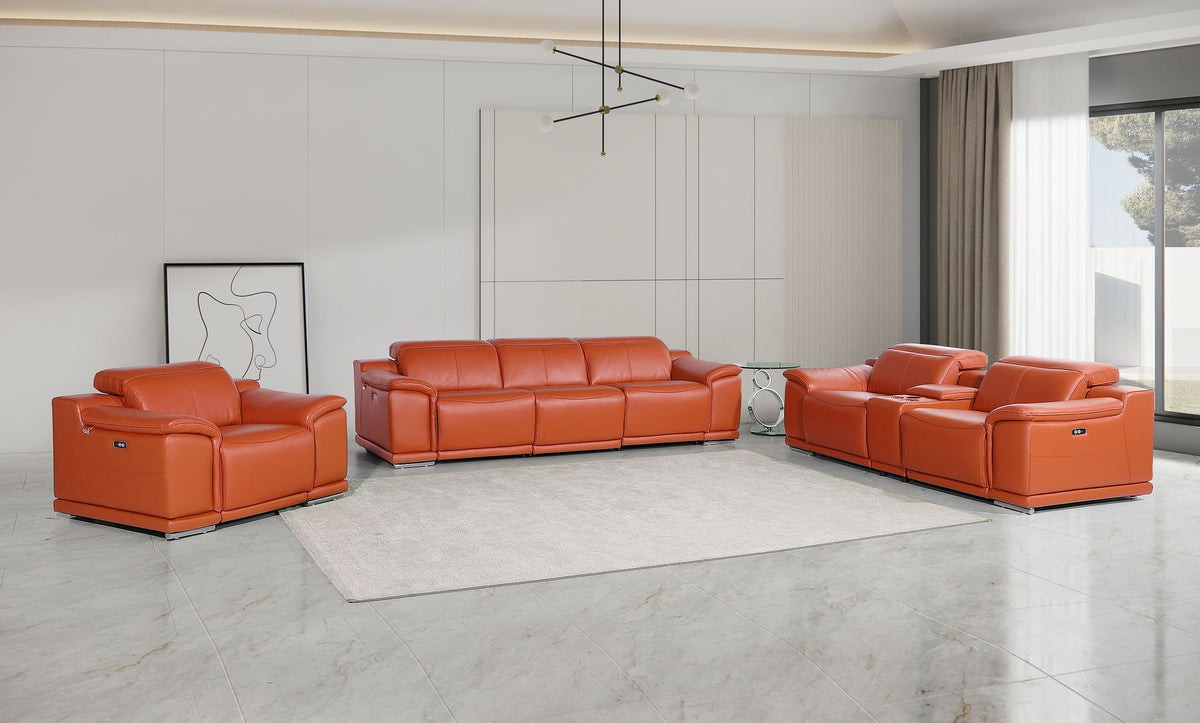 9762 Divanitalia 7-Piece Modular Power Reclining Sofa, Loveseat and Chair Set with 5 Power Recliners in Top Grain Italian Leather - Camel - SKU 9762-CAMEL-7.5-HT-3PC