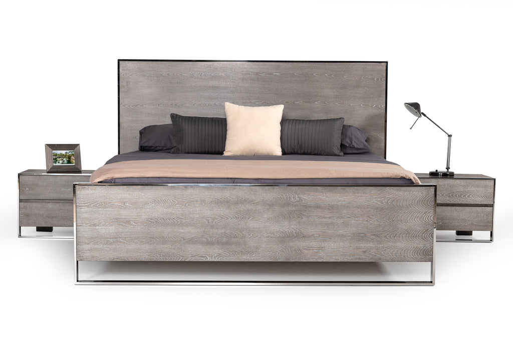 Eastern King Charlene Modern Grey Elm & Stainless Steel 4-Piece Bedroom Set - Piece Bedroom Set