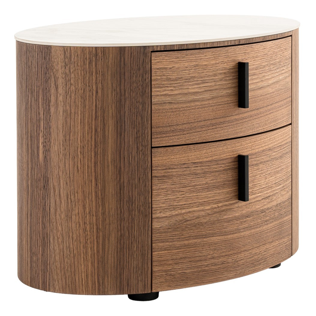 Chelton - Contemporary White Ceramic & Walnut Oval Nightstand