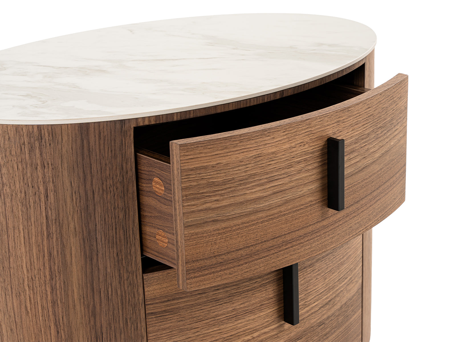 Chelton - Contemporary White Ceramic & Walnut Oval Nightstand