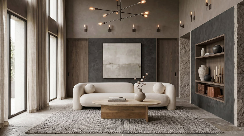 Chisholm - Modern Travertine Marble + Wood Freeform Coffee Table