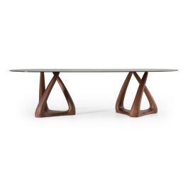 Christy - Mid-Century Modern Grey Glass + Walnut Oval Dining Table
