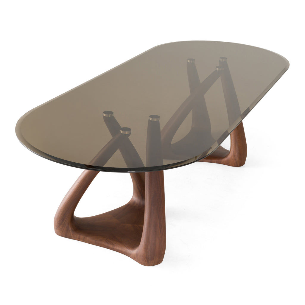 Christy - Mid-Century Modern Grey Glass + Walnut Oval Dining Table