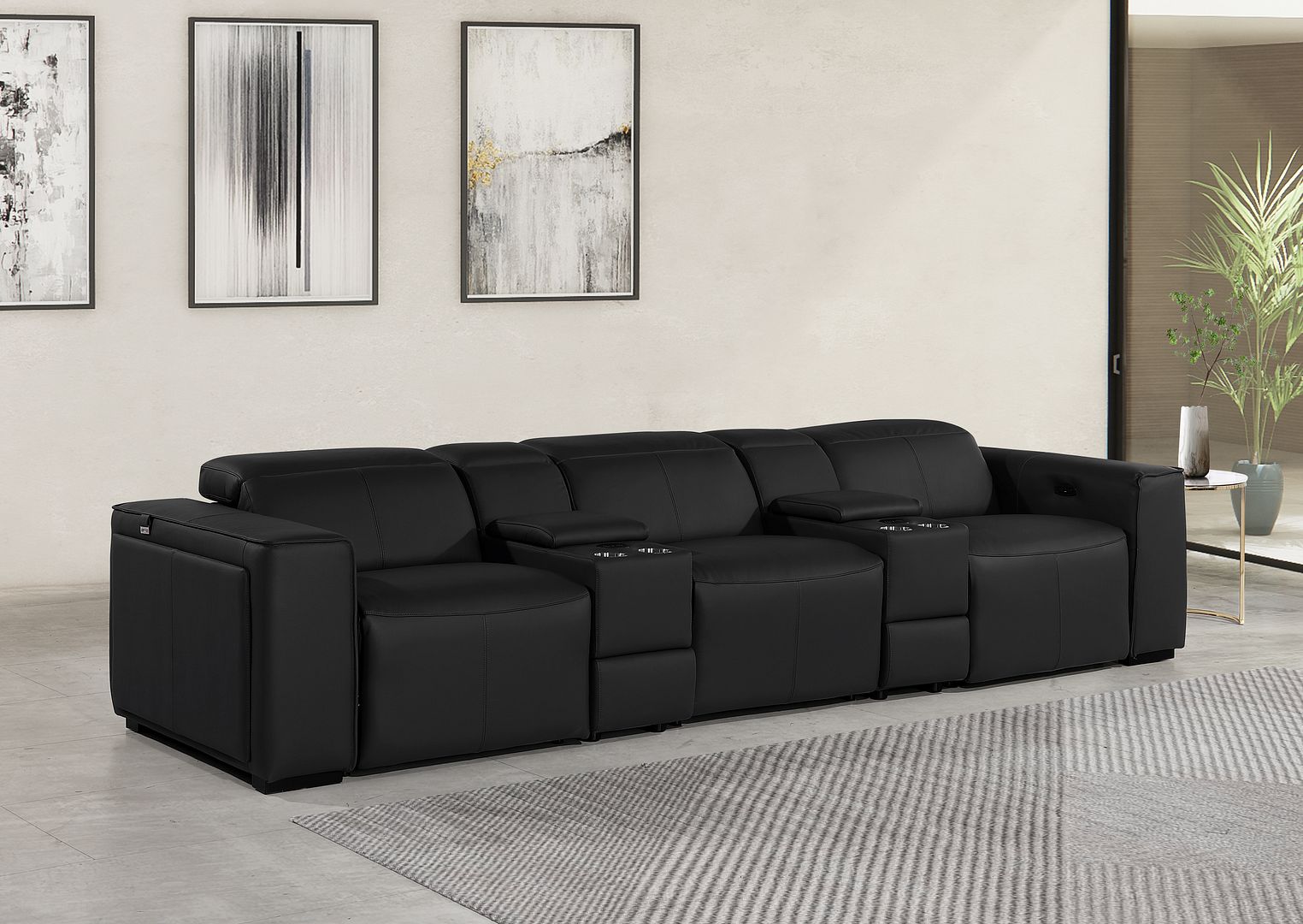 1224 Divanitalia 5-Piece Modular Power Reclining Sofa in Top Grain Italian Leather with 3 Power Recliners & Power Headrests - Black