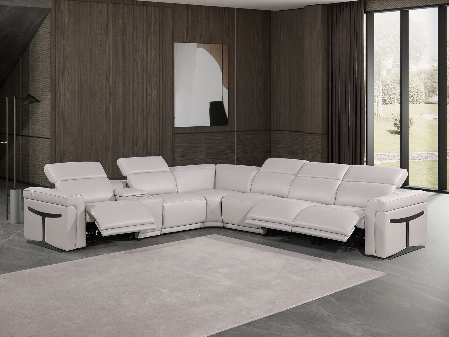 1126 Divanitalia 7-Piece L-Shaped Sectional Sofa in Top Grain Italian Leather with 3 Power Recliners & Power Headrests - Light Grey
